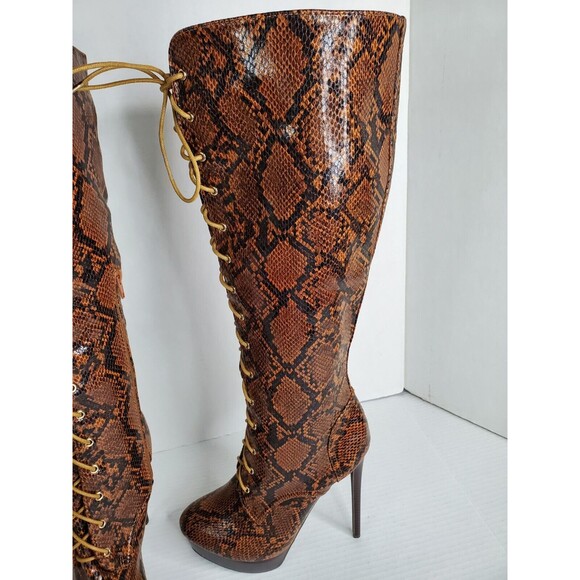 Noela Brown Faux Snakeskin Lace Up Platform Stiletto Boots Size 8.5M - Picture 4 of 10